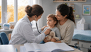 Pédiatre examinant au stéthoscope un tout-petit assis sur les genoux de son parent, dans un cabinet baigné de lumière