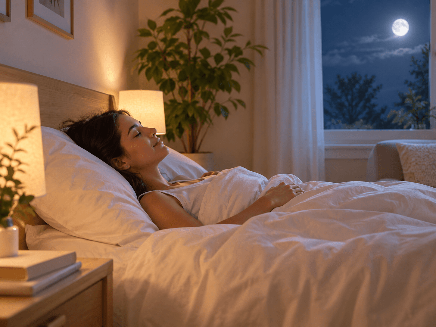 Chambre paisible la nuit, une personne allongée sereinement dans un lit, lumière douce, plante verte et atmosphère apaisante