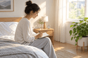 Personne de profil assise au bord d'un lit le matin, tenant un carnet de suivi du sommeil dans une chambre calme