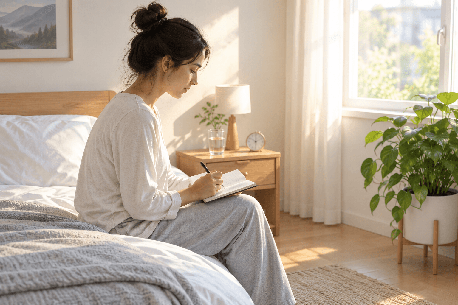 Personne de profil assise au bord d'un lit le matin, tenant un carnet de suivi du sommeil dans une chambre calme