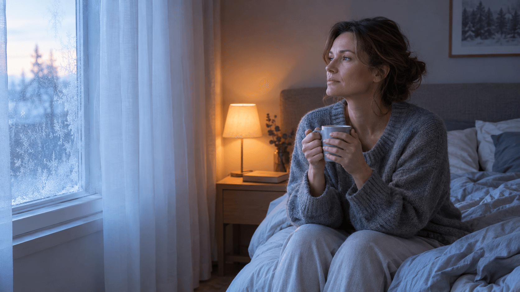 Femme assise au bord du lit à l’aube d’hiver, une tasse de thé en main, regardant la lumière pâle de la fenêtre