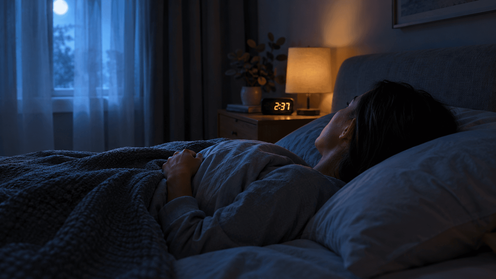 Chambre à coucher sombre et calme la nuit, ambiance apaisante illustrant la difficulté à s'endormir