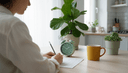 Gros plan de mains remplissant au crayon un agenda de sommeil sur une table de cuisine