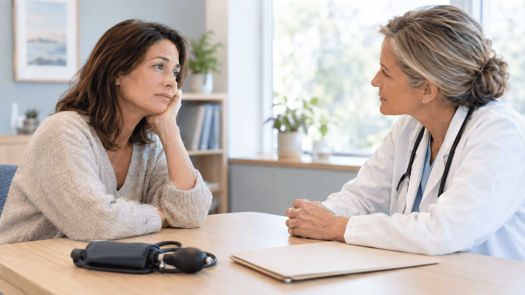 Femme fatiguée d’une quarantaine d’années écoutant une endocrinologue en blouse blanche dans un cabinet médical lumineux