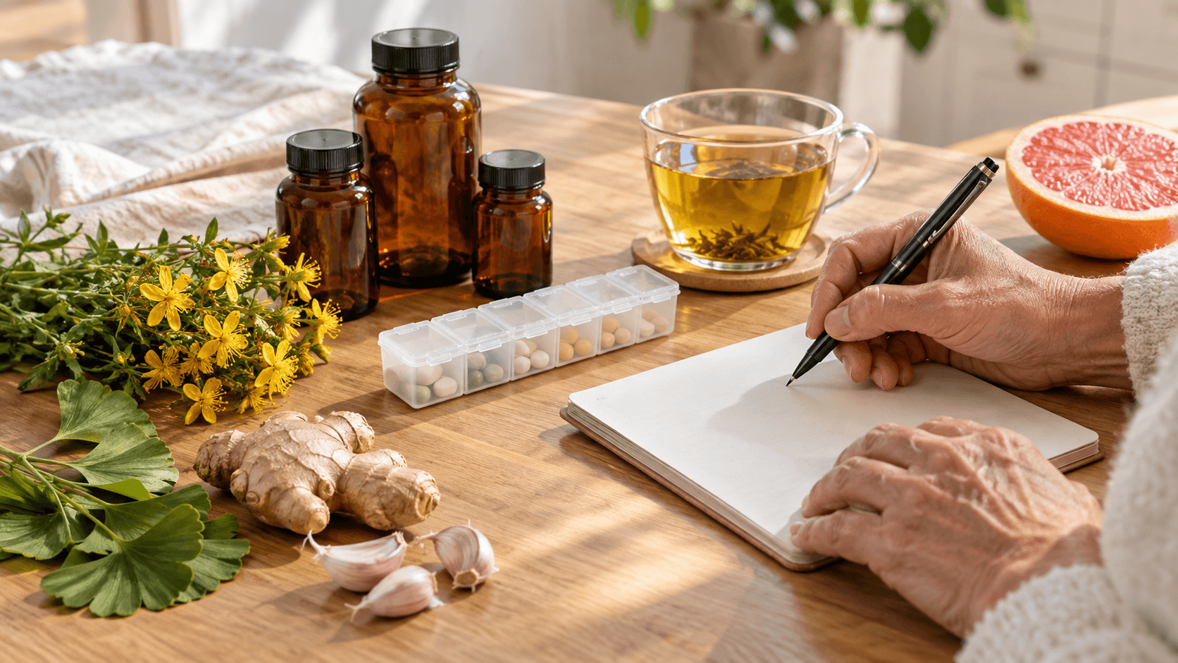 Mains notant une liste près d’un pilulier sans marque, de fleurs de millepertuis, ginkgo, gingembre, ail et pamplemousse