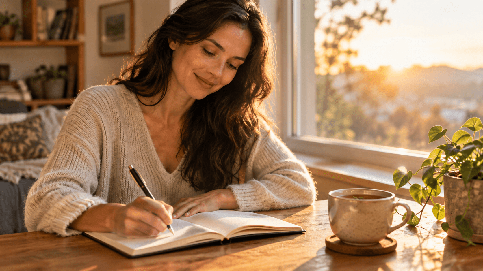 Femme sereine écrivant dans un journal de gratitude, assise près d'une fenêtre baignée d'une lumière chaude et dorée