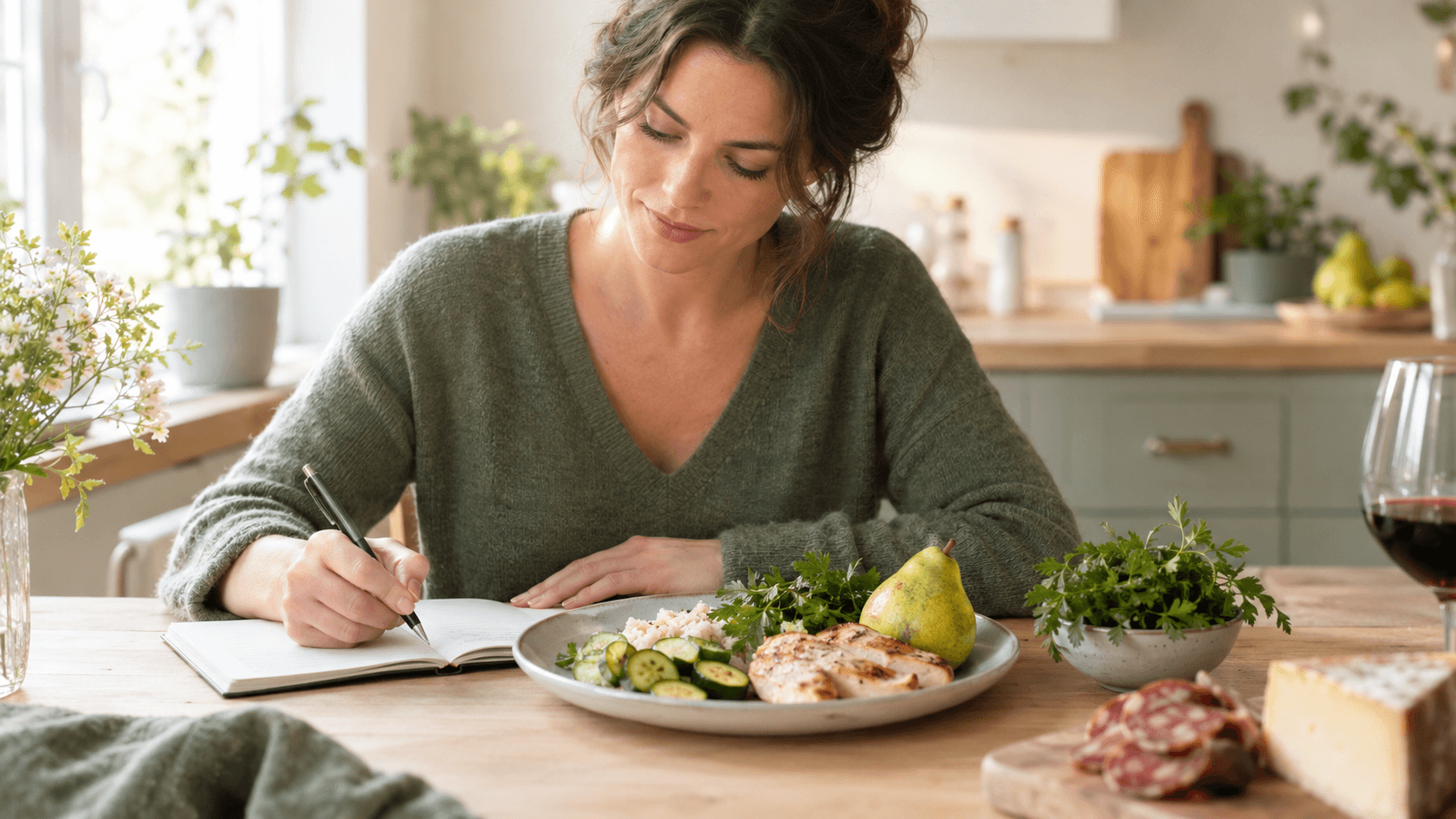 Femme notant ses repas dans un carnet devant une assiette fraîche, fromage affiné, charcuterie et vin rouge mis à l’écart