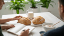 Gros plan sur des mains comparant deux pains et un lait vegetal, carnet alimentaire ouvert a cote