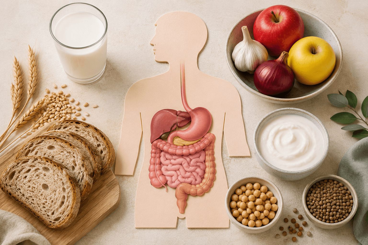 Illustration éducative des aliments concernés par les intolérances alimentaires : lait, pain, blé, fruits et légumes autour du système digestif