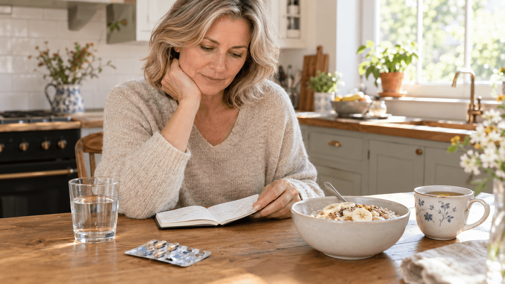 Femme lisant un carnet à une table de cuisine, plaquette de gélules mise de côté, tisane et bol de flocons d'avoine