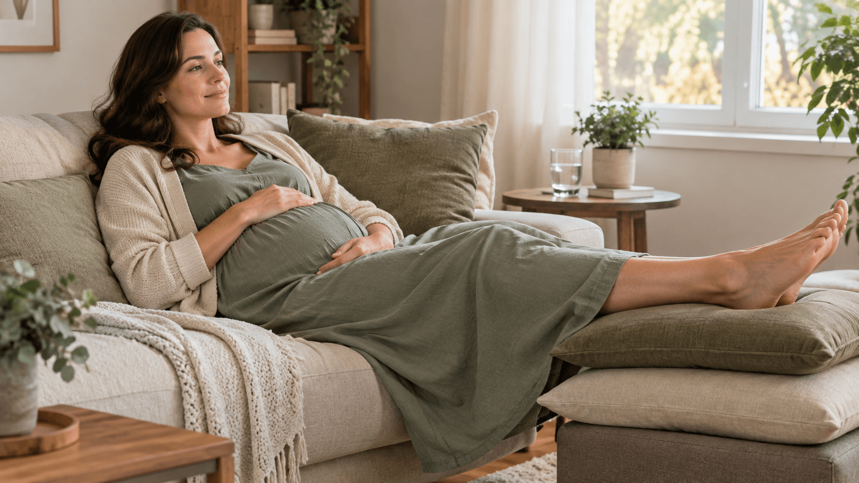Femme enceinte assise sur un canapé, jambes surélevées sur des coussins, main posée sur le ventre, dans un salon lumineux