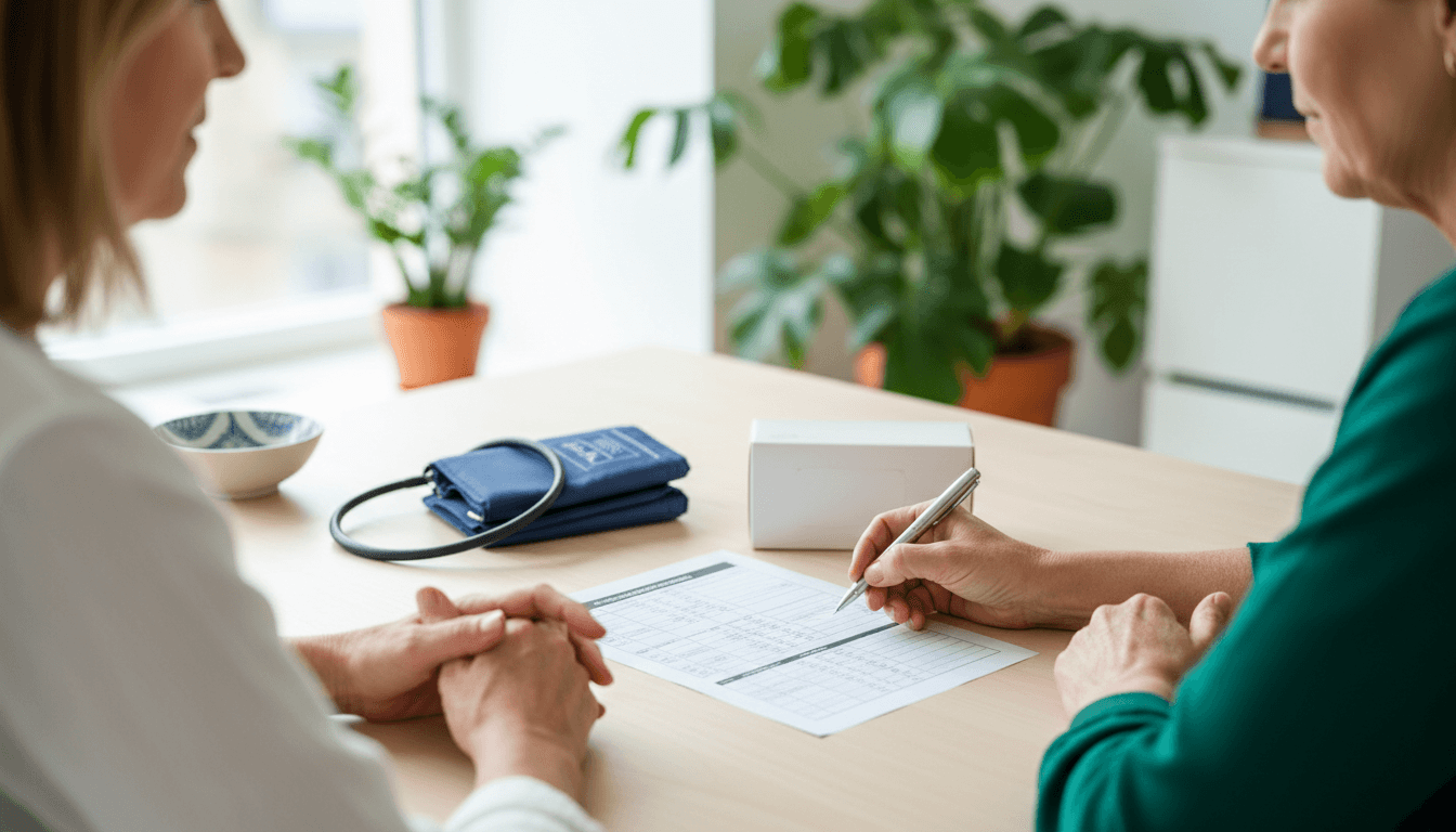 Gros plan sur une main cochant une liste de contrôle, face aux mains d'une cliente âgée