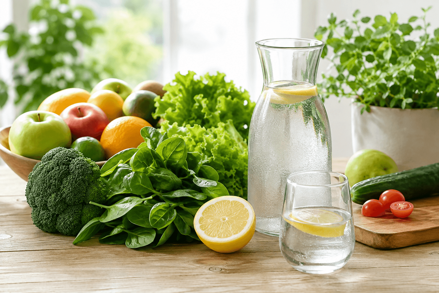Aliments frais végétaux et eau pure sur une table en bois, symbole d'une alimentation saine et équilibrée