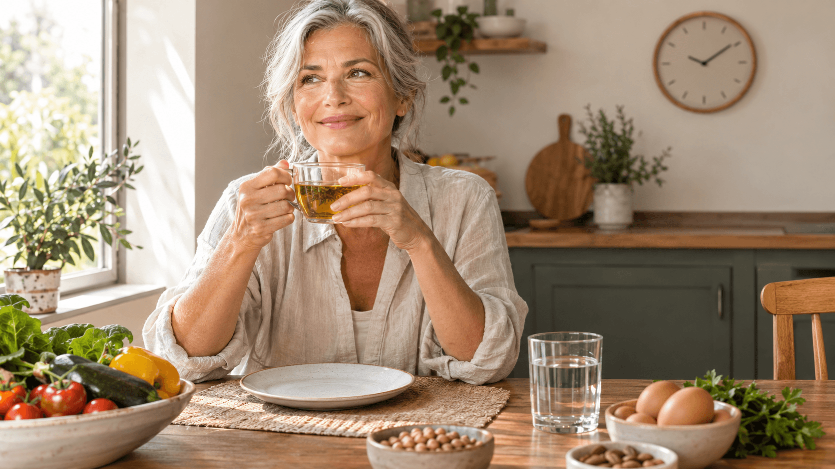 Femme d’une soixantaine d’années souriante, tisane en main, à une table garnie de légumes, œufs et légumineuses