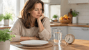 Femme pensive attablée le matin devant un verre d'eau et une horloge, illustrant les contre-indications du jeûne intermittent