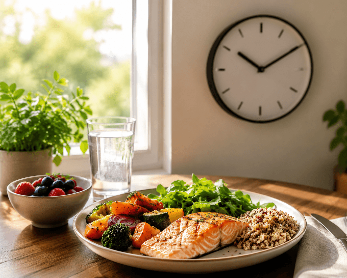 Repas équilibré et coloré posé près d'une horloge, illustrant la fenêtre alimentaire du jeûne intermittent