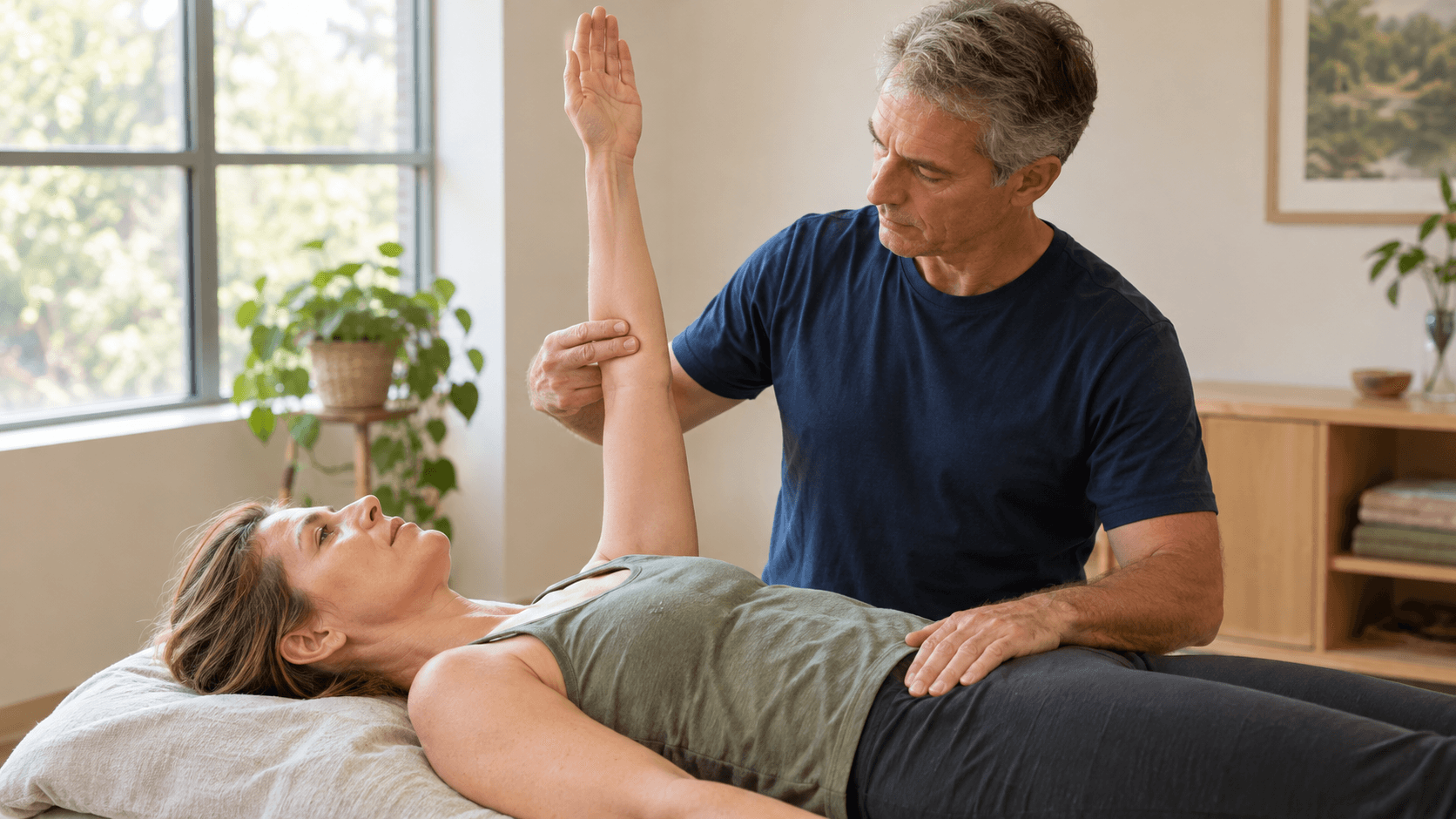 Praticien réalisant un test musculaire sur le bras tendu d'une femme allongée, dans un cabinet de kinésiologie lumineux