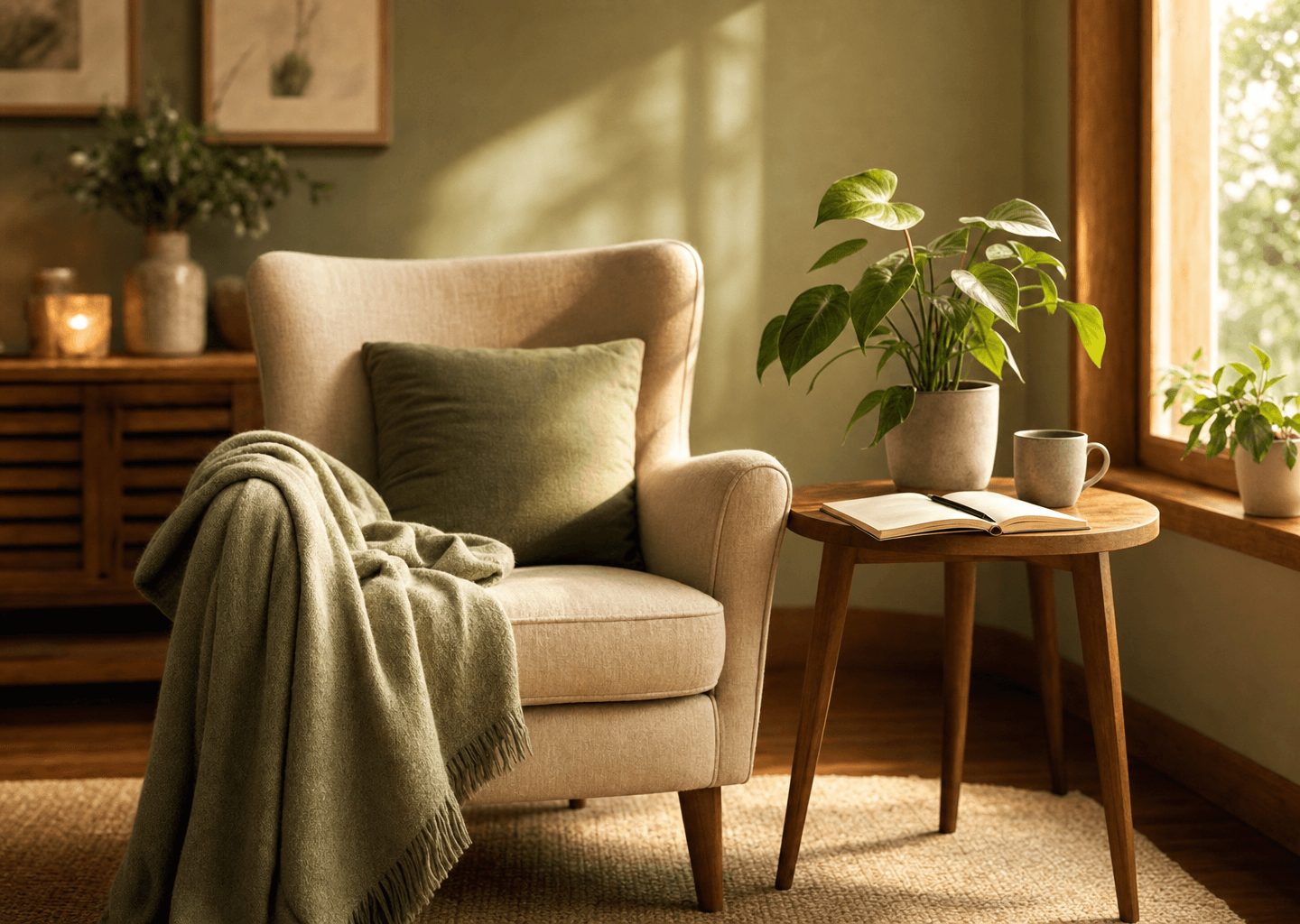 Cabinet de bien-être chaleureux avec un fauteuil confortable, une plante verte et un carnet, évoquant la confiance en soi et la sérénité