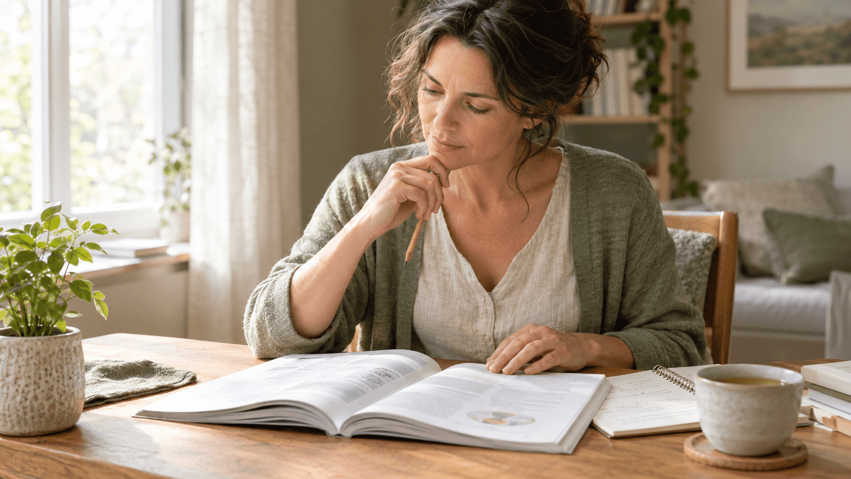 Femme lisant attentivement une revue scientifique dans un coin lecture lumineux avant de réserver une séance de bien-être