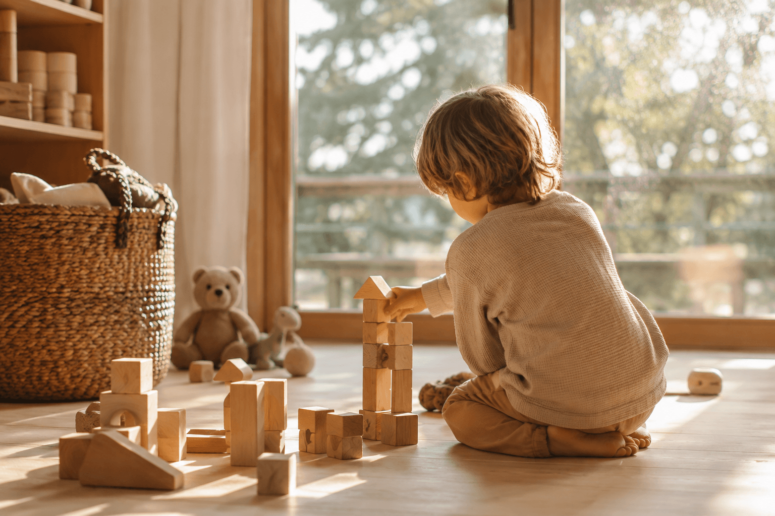 Jeune enfant jouant et parlant tout seul dans une lumière douce et chaleureuse