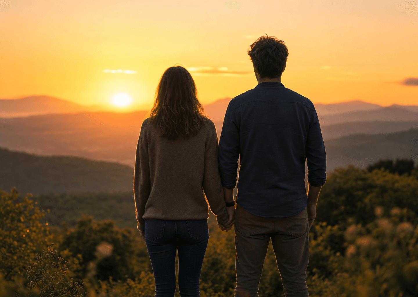 Couple de dos, main dans la main, face à un coucher de soleil apaisant, illustrant une approche naturelle et globale de la libido