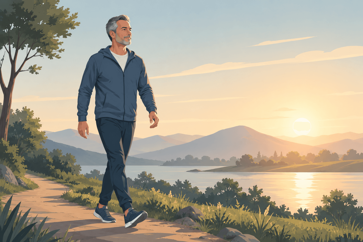 Illustration bien-être : homme serein marchant dans la nature au lever du soleil, symbole de vitalité masculine
