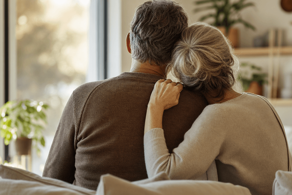 Couple senior complice et souriant partageant un moment de tendresse à la lumière douce, symbole du désir retrouvé après 50 ans