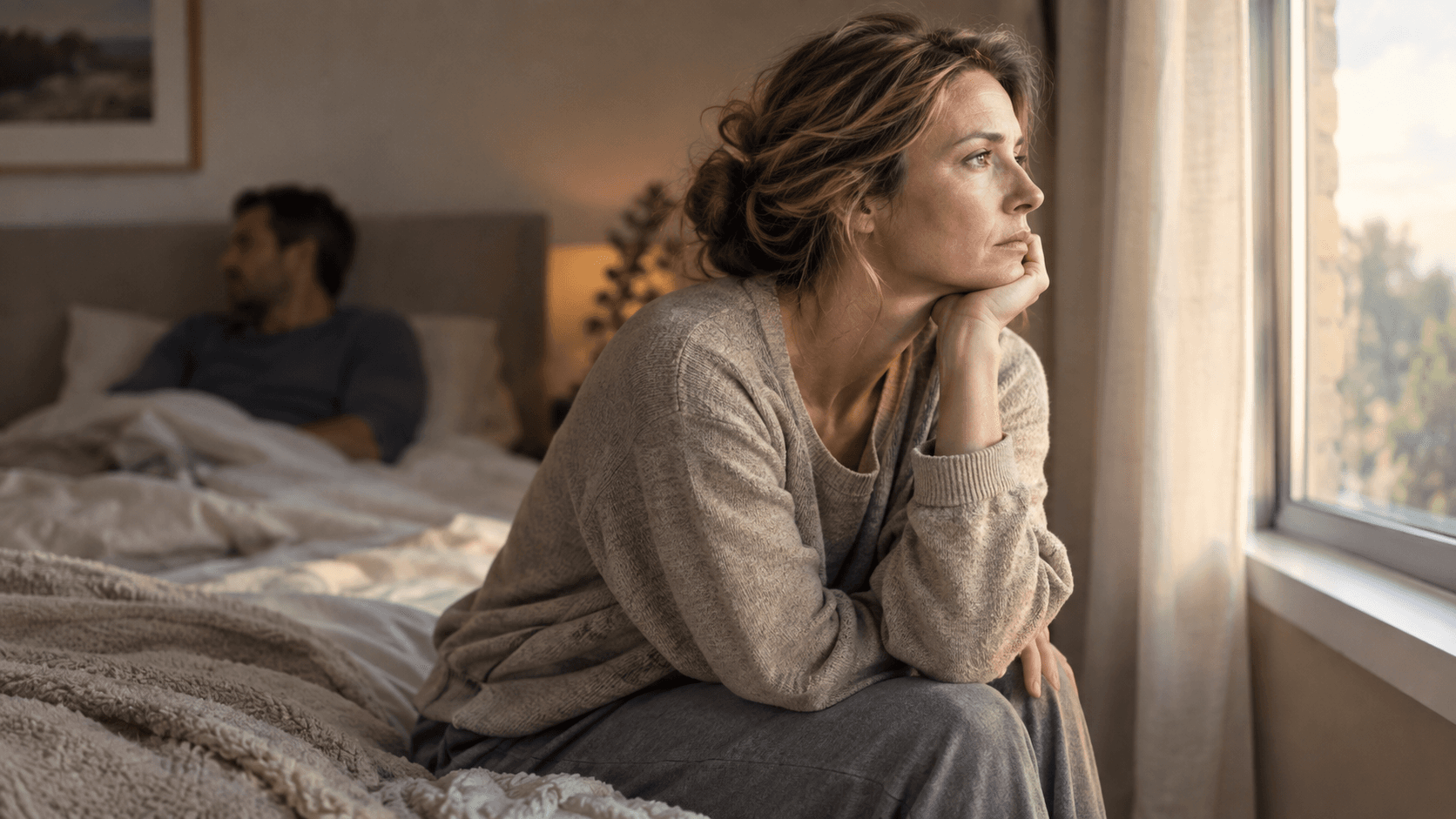Adulte pensif assis au bord d'un lit au lever du jour, évoquant la fatigue et la baisse de désir liées à la santé mentale