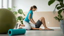 Un kinésithérapeute guide de profil un homme dans un exercice de bascule du bassin sur un tapis
