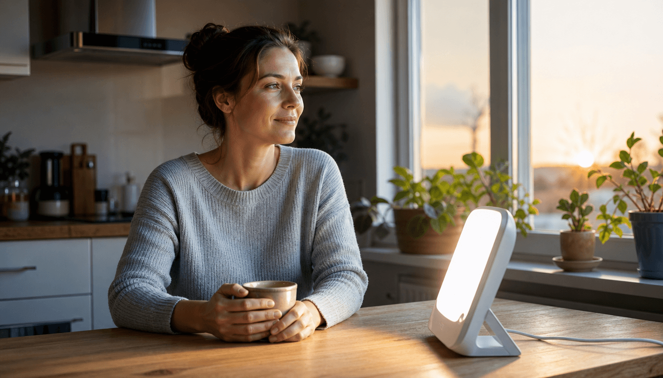 Femme prenant son thé près d'une fenêtre au lever du jour, à côté d'une lampe de luminothérapie blanche