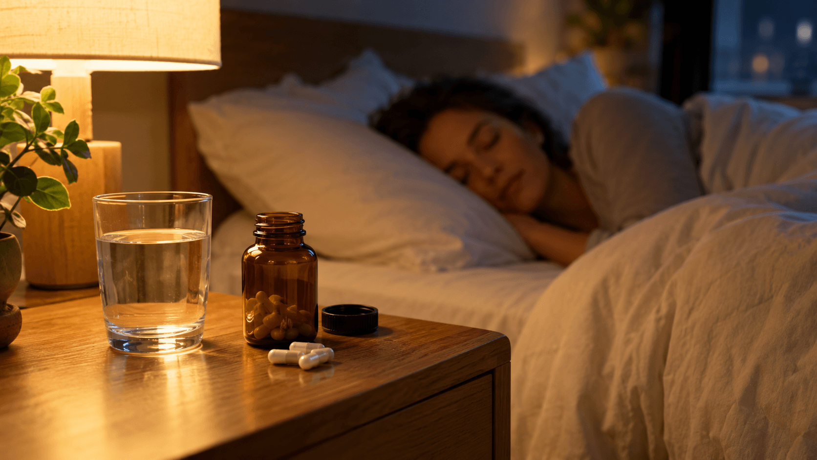 Verre d'eau et gélules de magnésium sur une table de chevet dans une chambre paisible la nuit, propice au sommeil