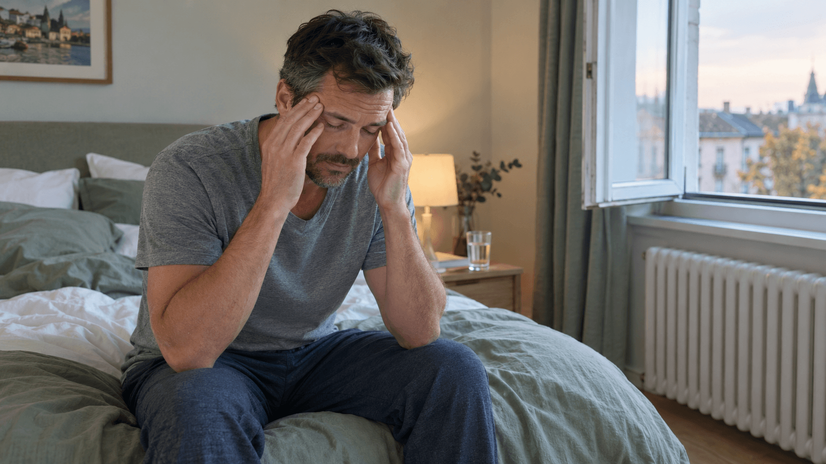 Homme assis au bord du lit à l’aube, les doigts sur les tempes, gêné par un mal de tête au réveil dans une chambre fraîche