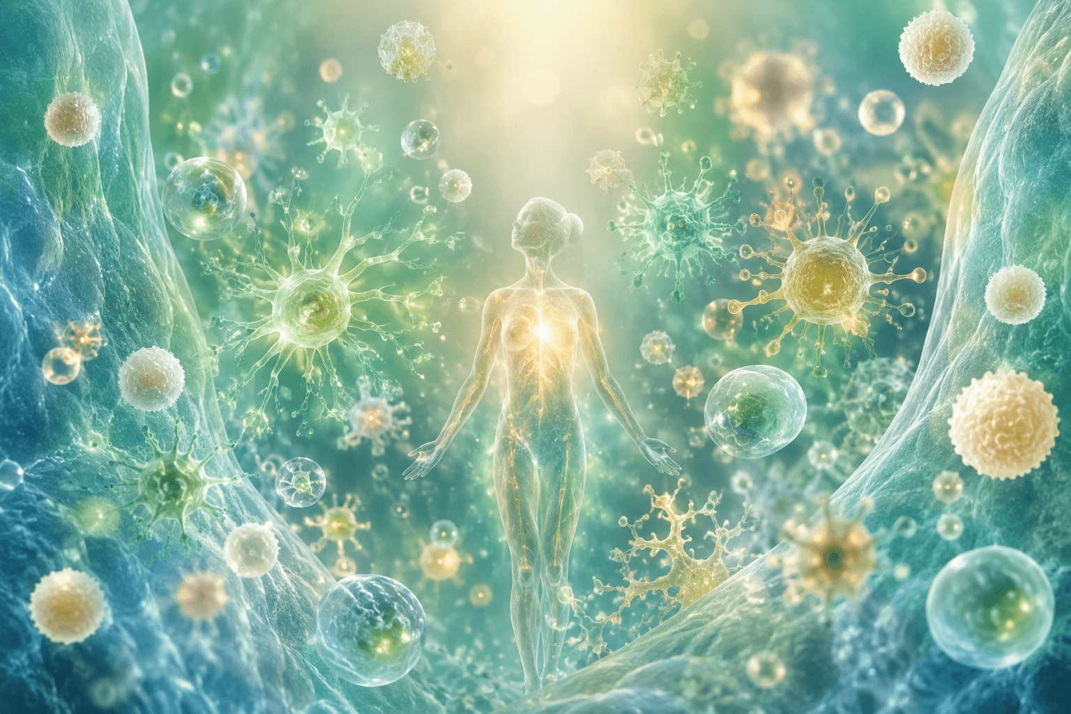 Illustration abstraite et apaisante de cellules immunitaires en équilibre évoquant un système immunitaire régulé