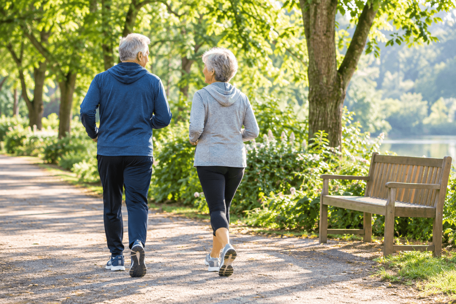 Couple de seniors actifs marchant de dos sur un sentier de parc arboré dans la lumière douce du matin