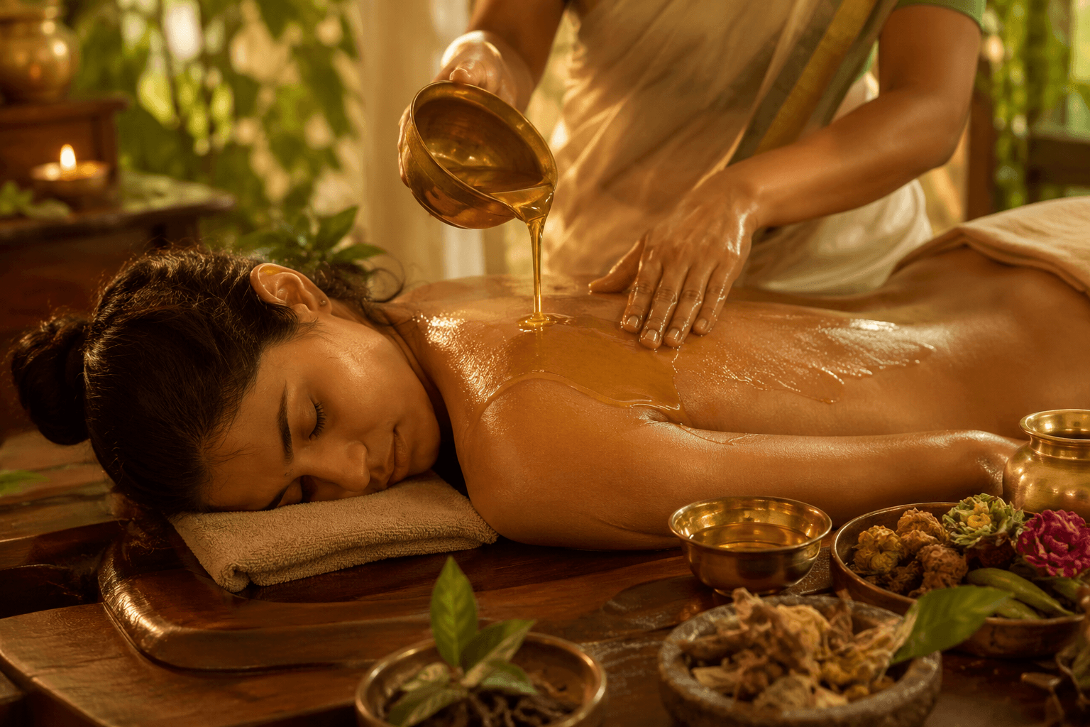 Massage ayurvédique Abhyanga à l'huile chaude versée d'un bol, ambiance zen et relaxante