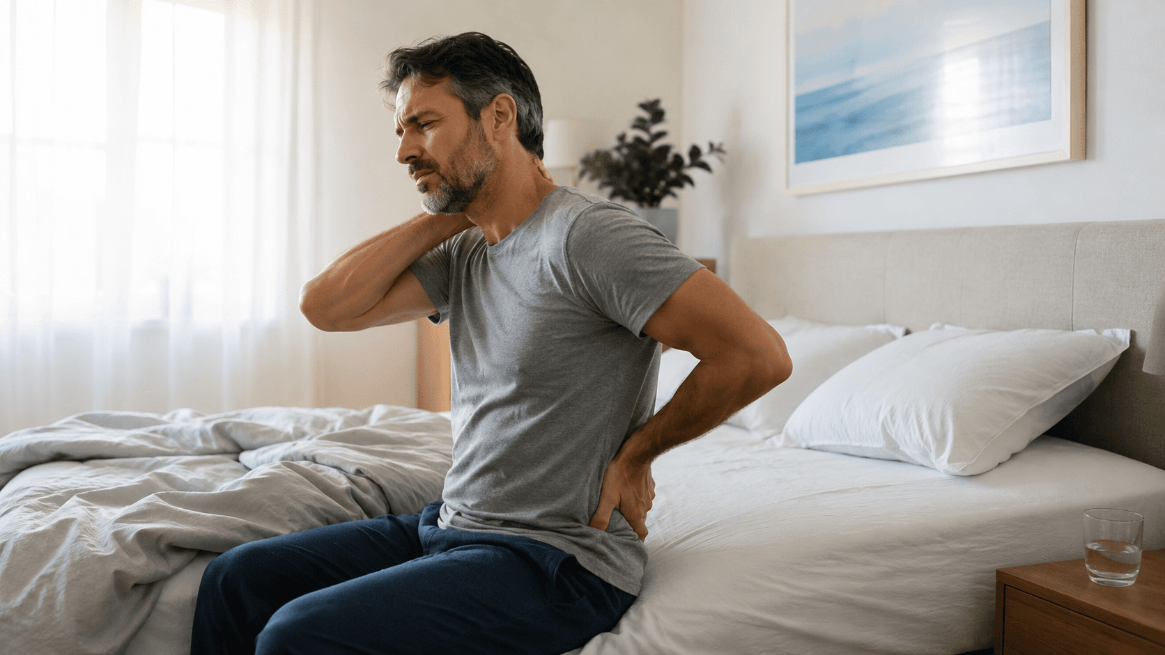 Homme assis au bord du lit au réveil, une main sur la nuque et l’autre sur le bas du dos, dans une chambre lumineuse