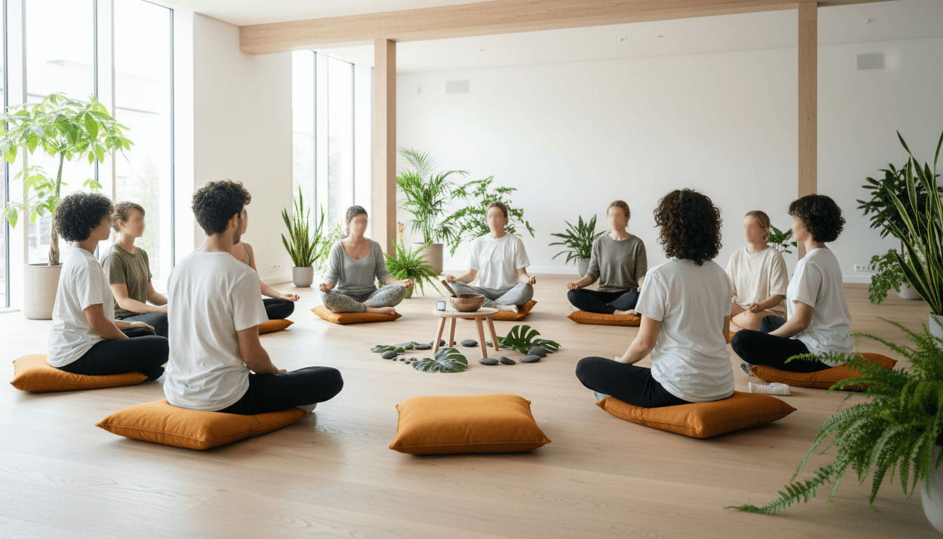 Des participants assis en cercle sur des coussins, vus de dos, pendant une méditation guidée