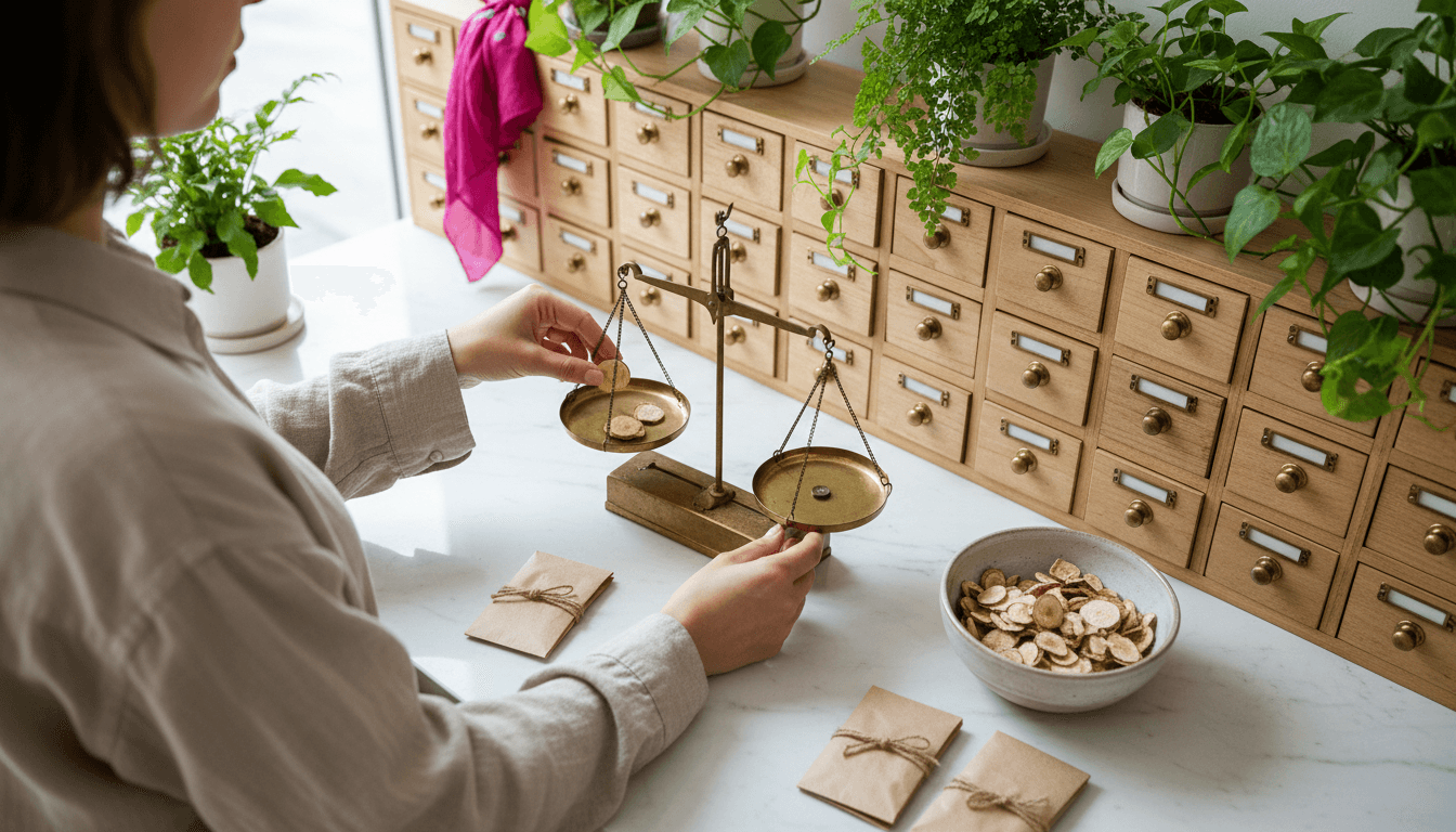 Vue plongeante de mains pesant des plantes séchées sur une balance dans une pharmacie chinoise