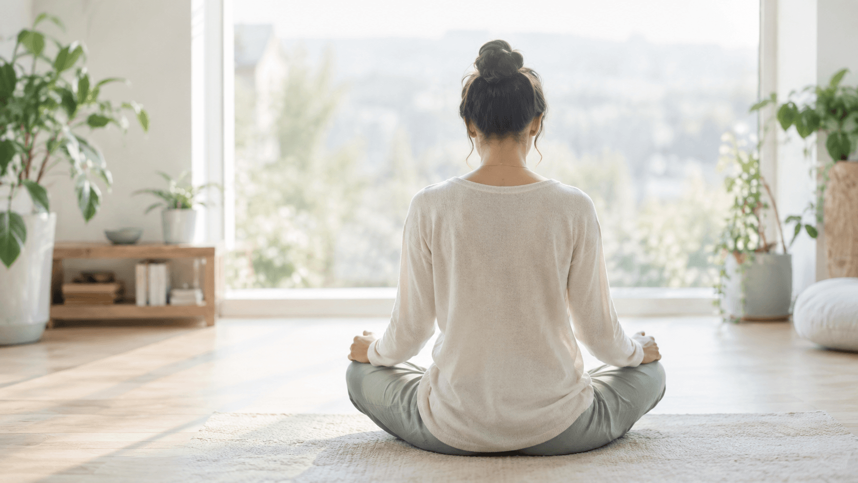 Personne de dos en méditation assise près d'une fenêtre lumineuse, atmosphère apaisante évoquant l'apaisement de l'anxiété