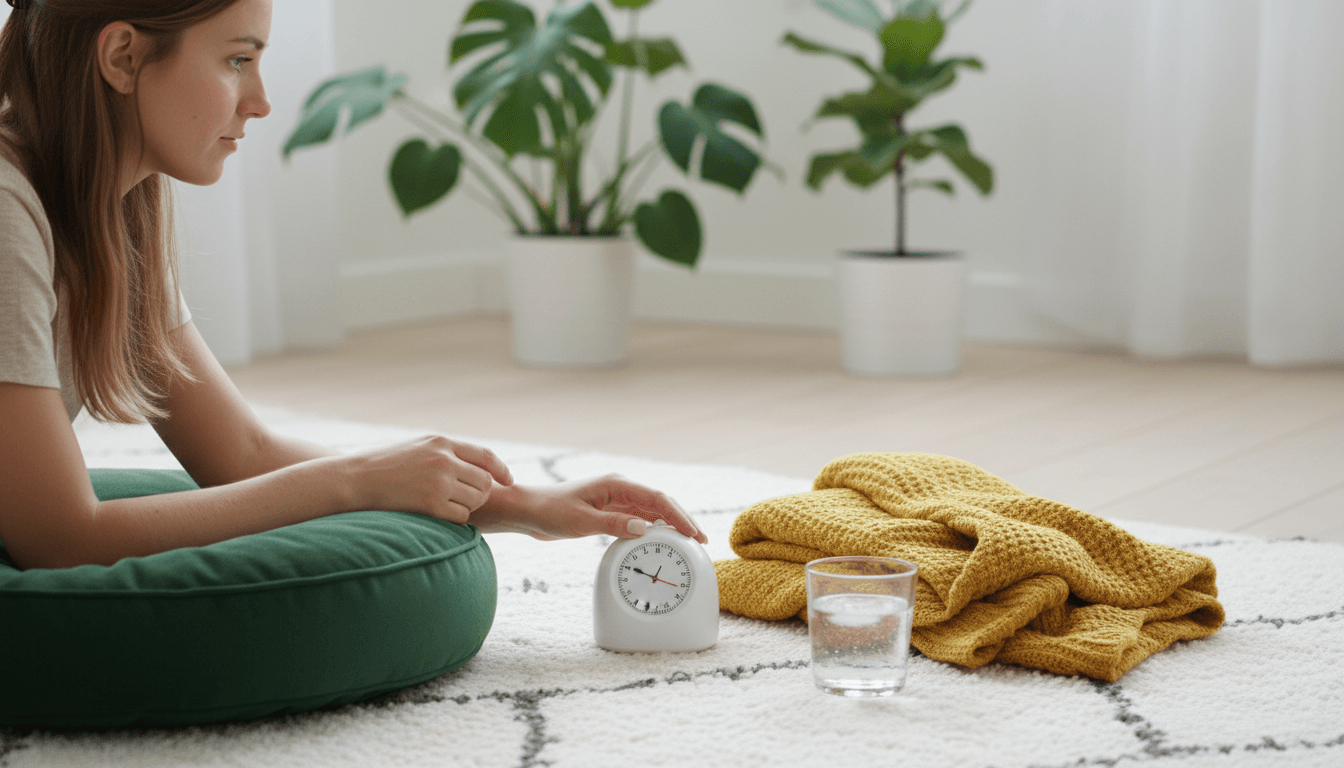 Gros plan de mains réglant un minuteur devant un coussin de sol, plaid et verre d'eau à côté