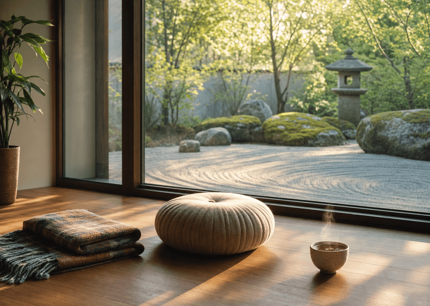 Coussin de méditation face à une baie vitrée donnant sur un jardin zen, lumière douce du matin, plaid et tasse de thé