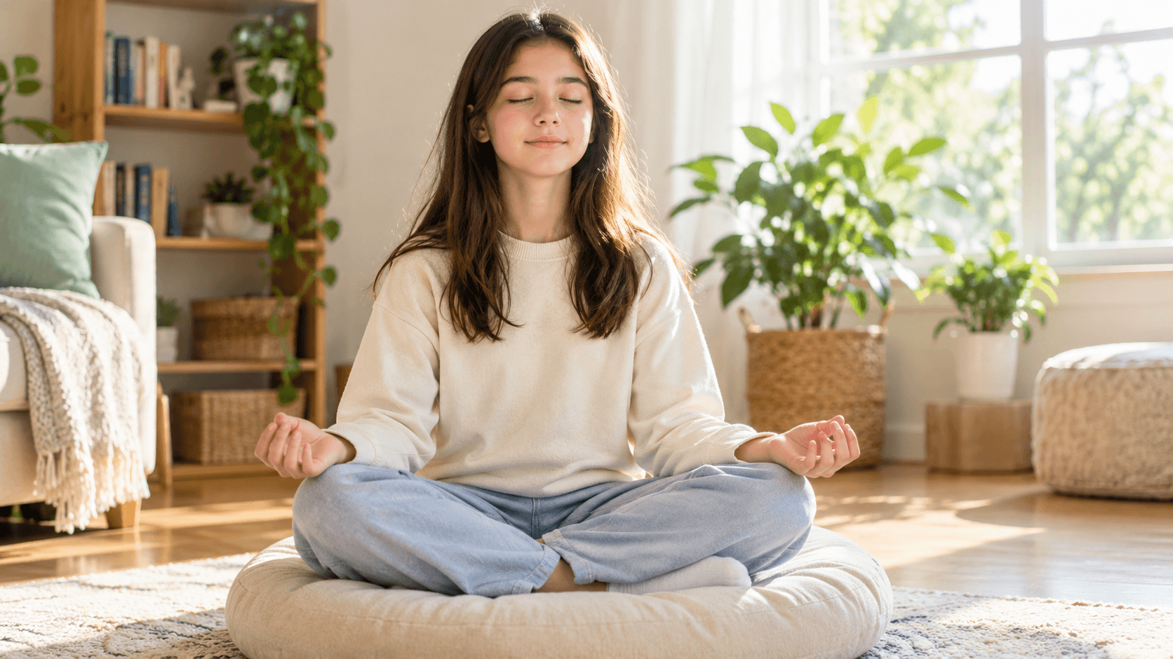 Enfant serein assis en tailleur pratiquant la méditation de pleine conscience dans une pièce calme et lumineuse