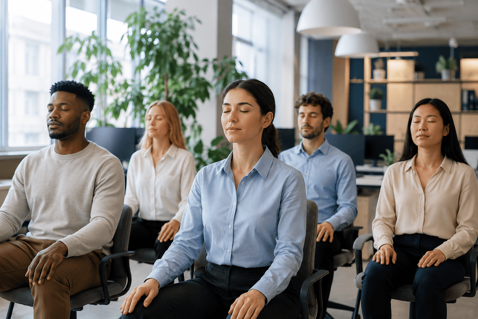 Groupe de salariés pratiquant une courte séance de méditation de pleine conscience dans un bureau lumineux