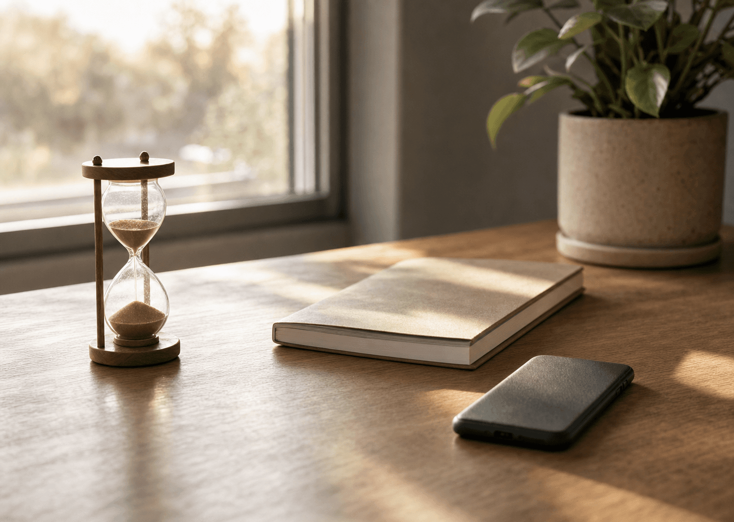 Bureau épuré au calme avec un sablier, un carnet fermé et un téléphone retourné dans la lumière douce du matin, évoquant l'entraînement de l'attention par la méditation