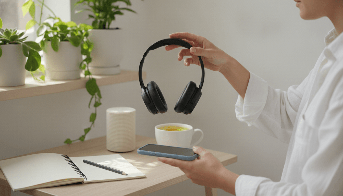 Gros plan de mains tenant un casque audio au-dessus d'un téléphone retourné sur une table