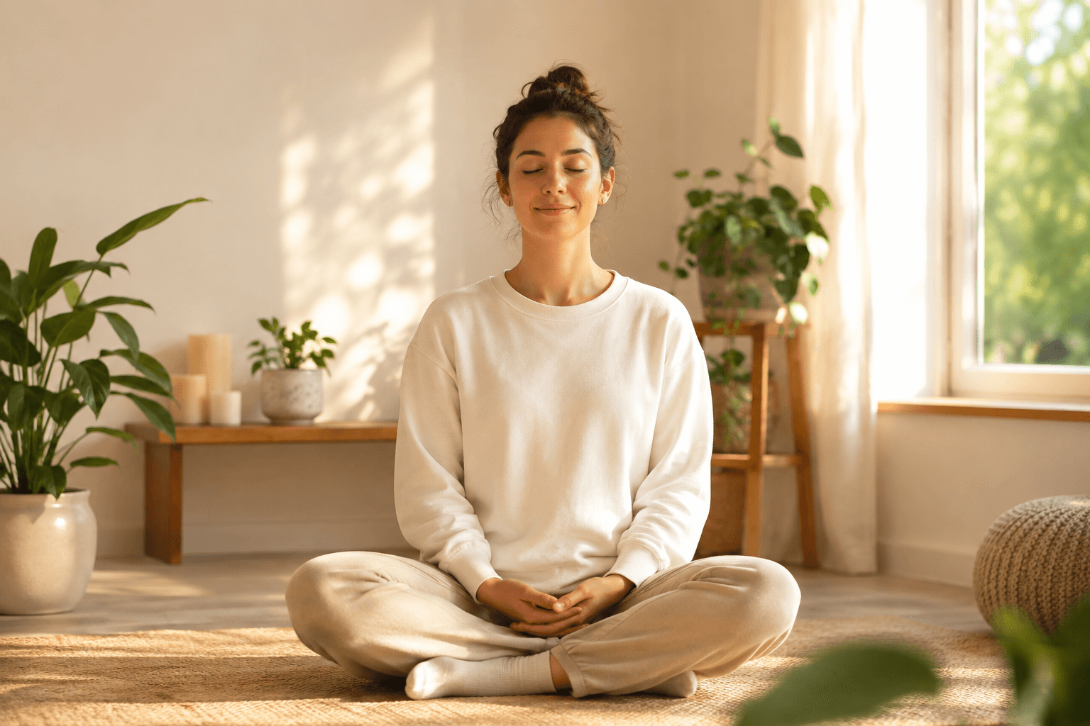 Personne en méditation de pleine conscience dans une lumière douce, atmosphère apaisante et pleine d'espoir
