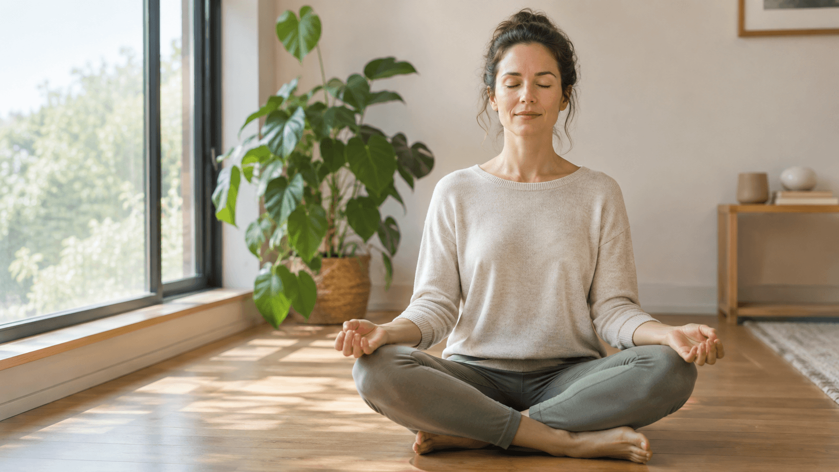 Femme sereine assise en tailleur près d'une fenêtre, méditant en pleine conscience dans une douce lumière naturelle du matin