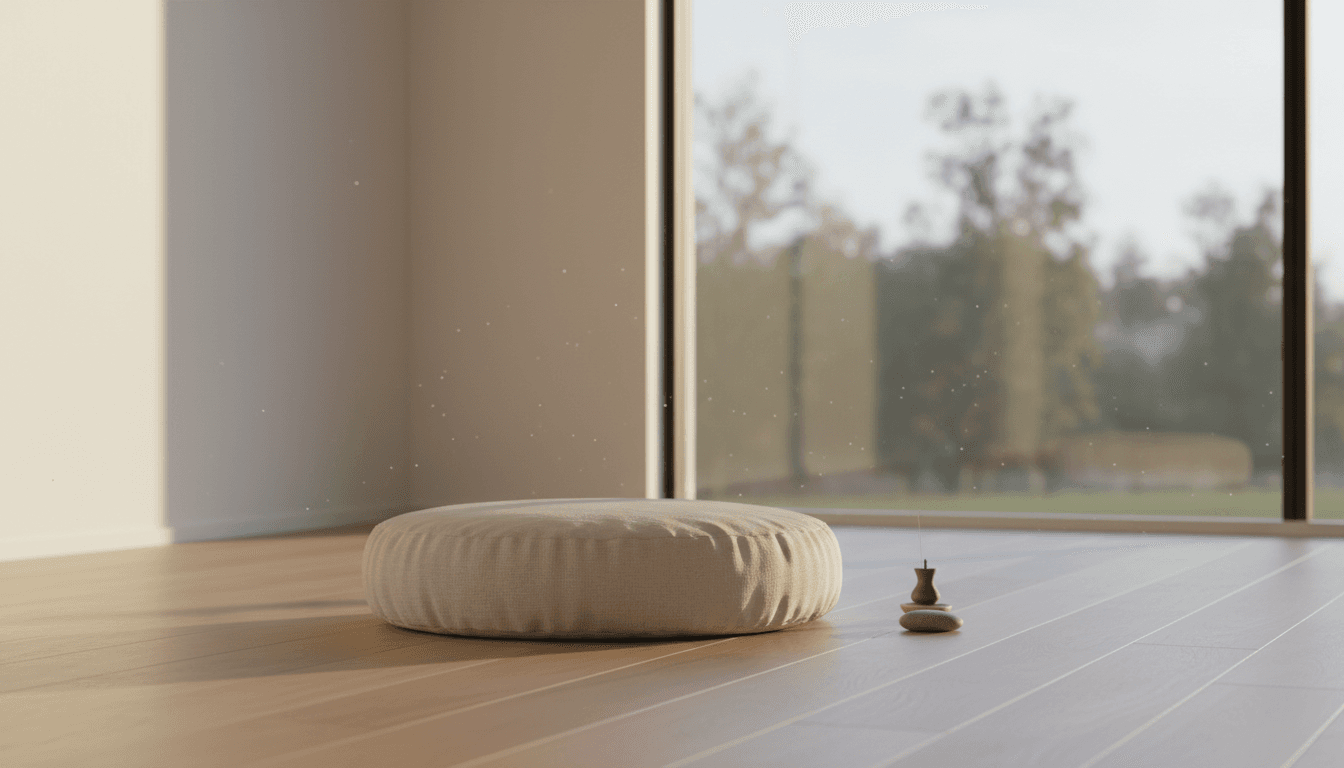 Coussin de méditation sur un parquet dans une pièce calme et lumineuse, douce lumière de l'aube par une grande fenêtre
