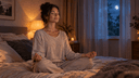 Adulte serein en position de méditation sur son lit dans une chambre tamisée, le soir avant de dormir
