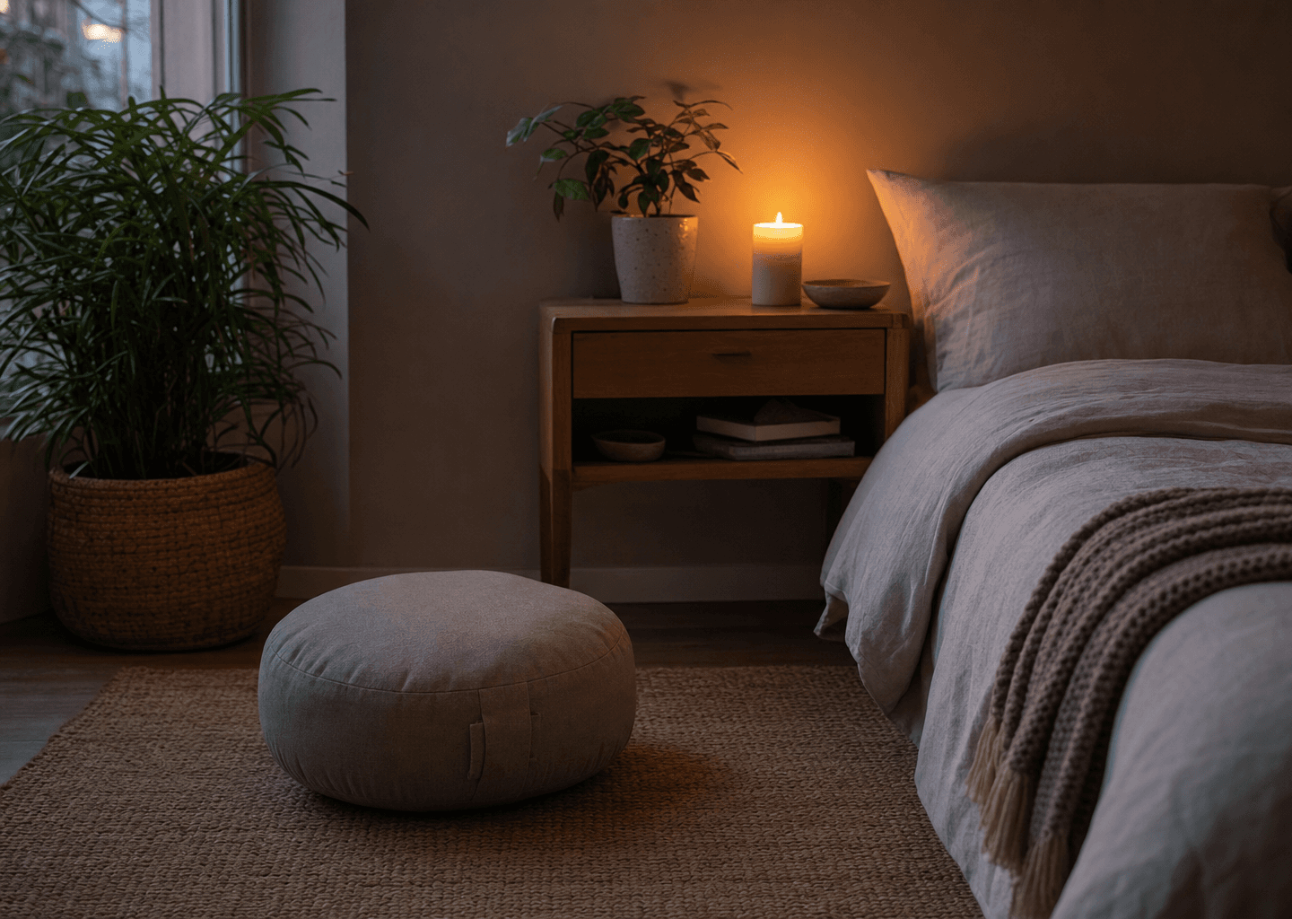 Chambre paisible au crépuscule avec un coussin de méditation près du lit, une bougie allumée et une plante verte, ambiance calme du soir